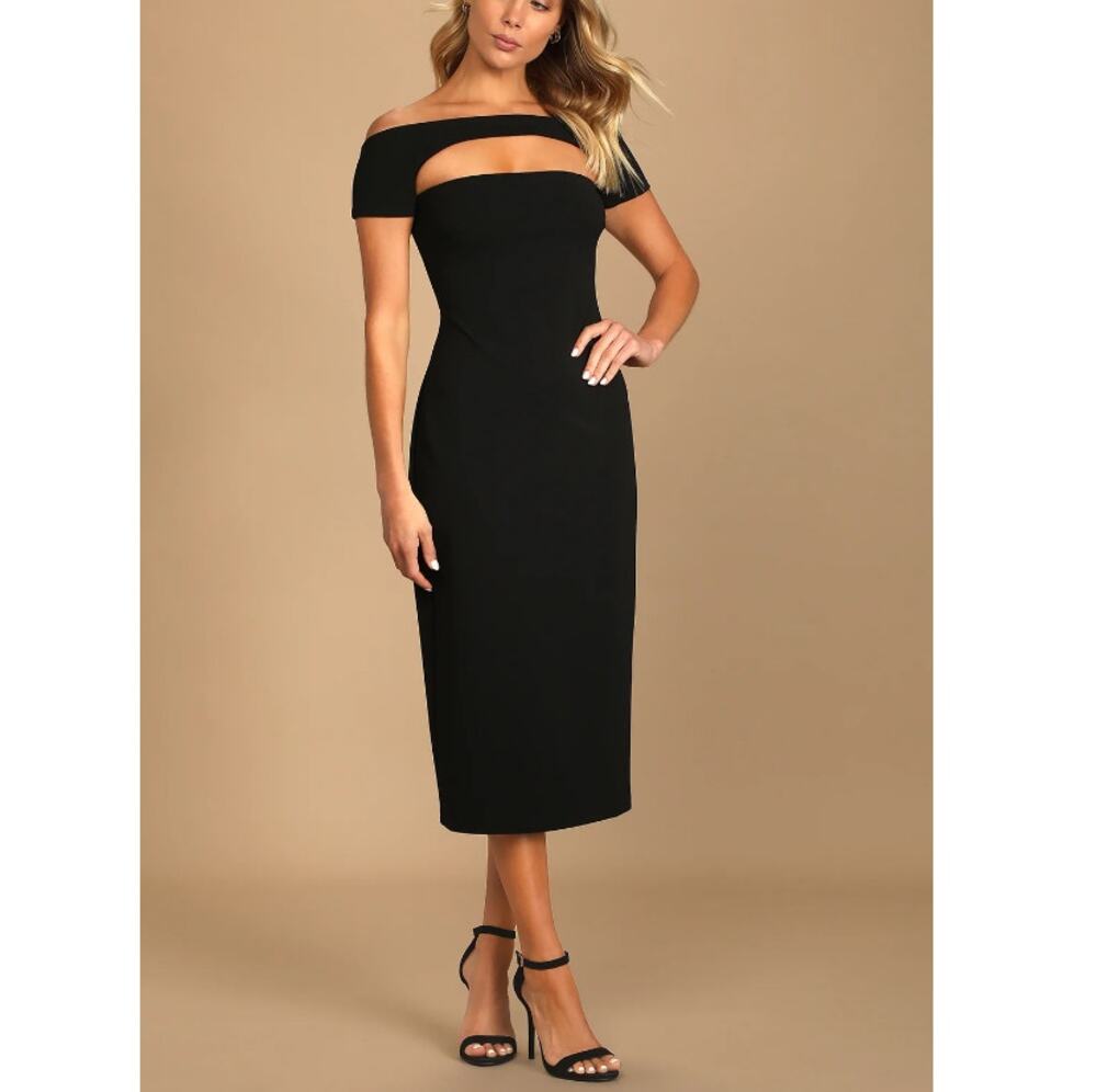 New LULU'S Black Off-the-Shoulder Cutout Midi Dress Size X-Small Fallcore
